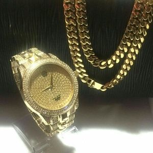 14K GOLD plated ICED OUT WATCH CUBAN CHAIN