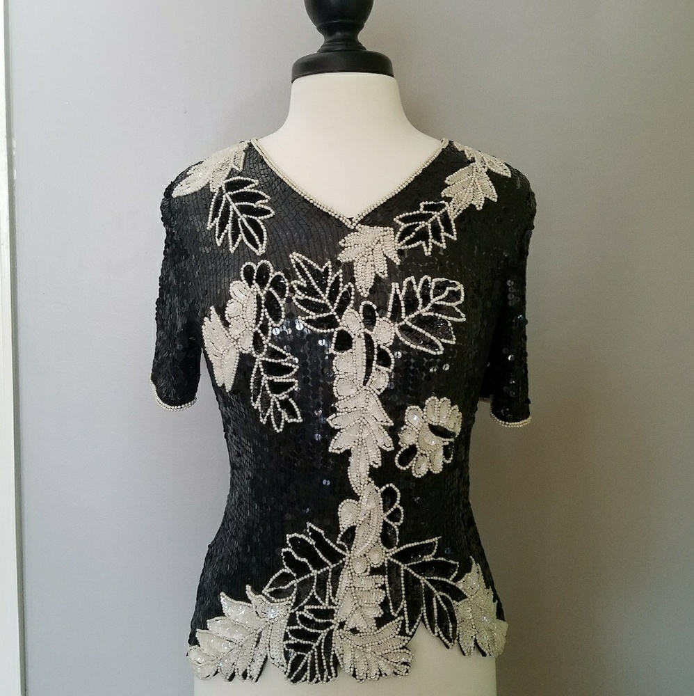 Vintage Black & Ivory Sequin Embellished Top