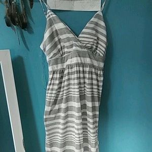Grey and white striped full length sun dress