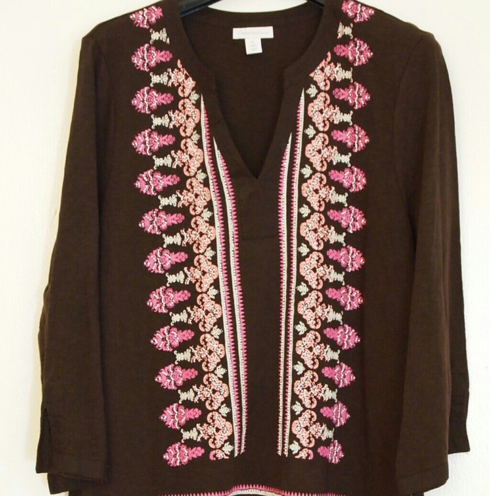 Boho Tunic Beaded Women's top brown new size XL
