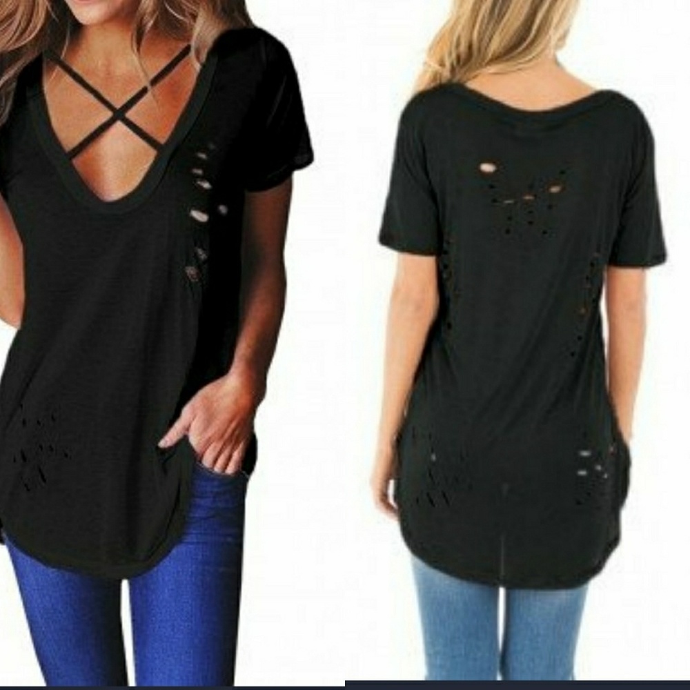 Black Ripped Detailing Criss Cross T-shirt