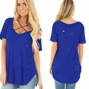 Royal Blue Ripped Detailing Criss Cross T-shirt