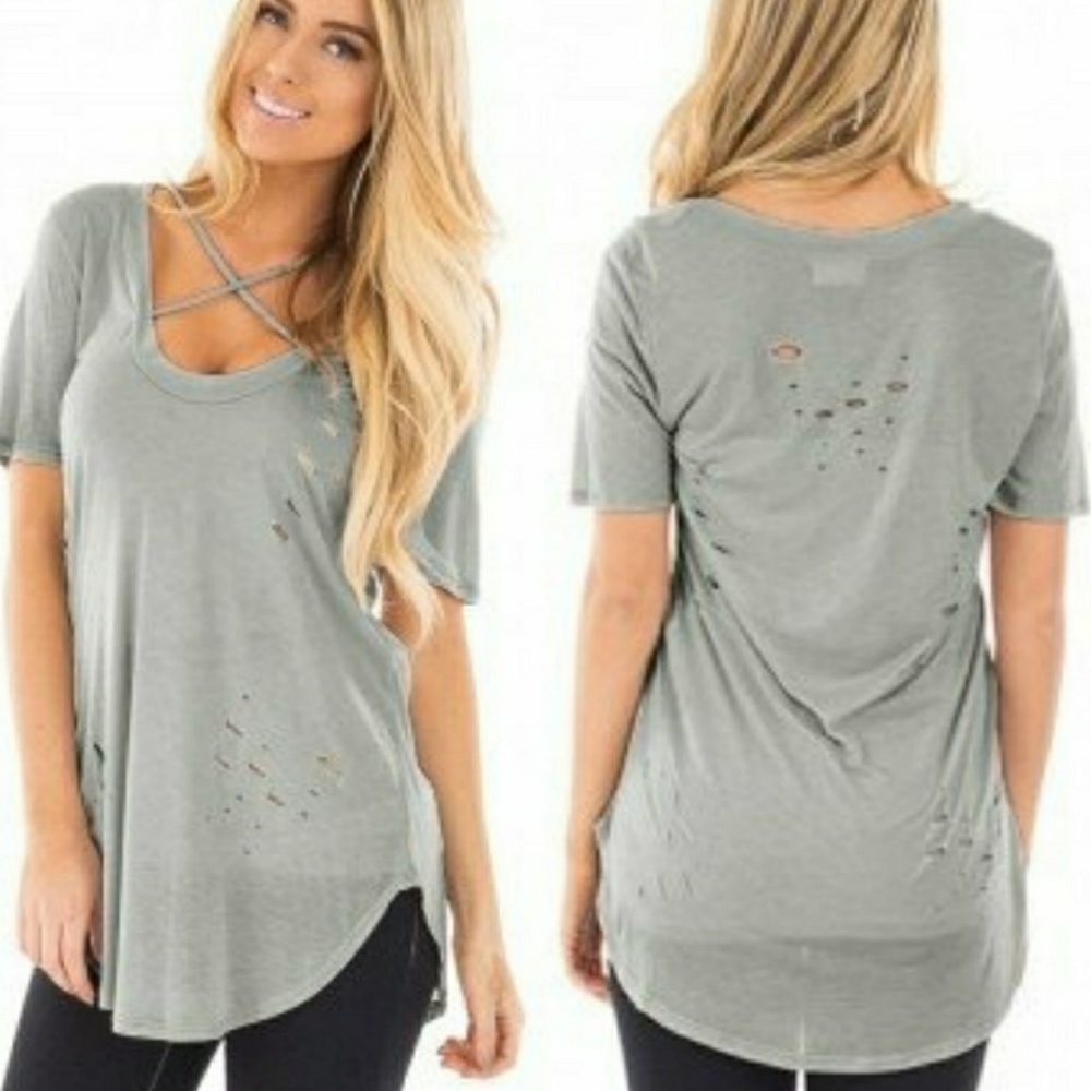 Gray ripped detailing Criss Cross T-shirt