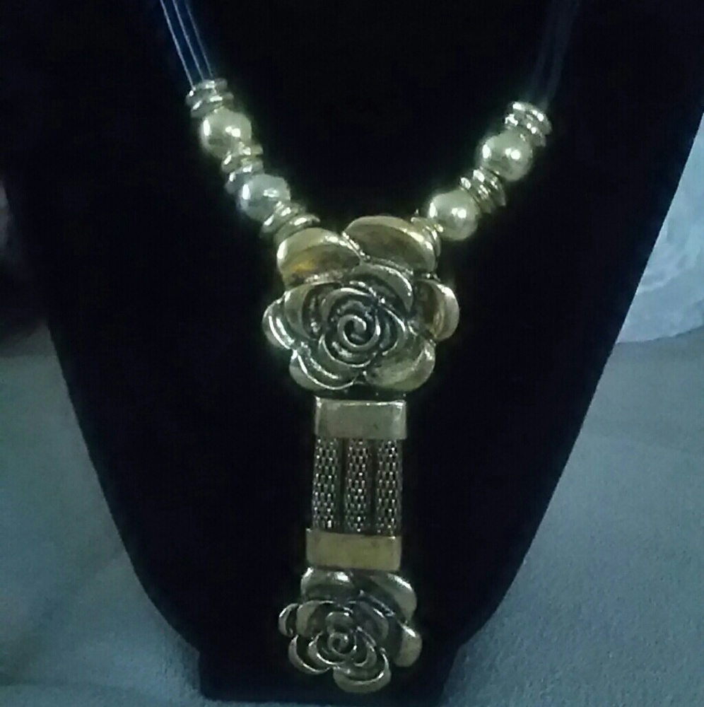 Gold Tone Rose Necklace with Black Cording