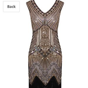 Sequin flapper gold/black XL dress w/gloves prom