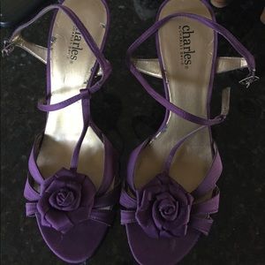 Charles David Satin Purple Heels with Flower Toe