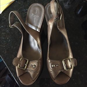 Paolo gold leather and wooden wedge sandals Sz 9