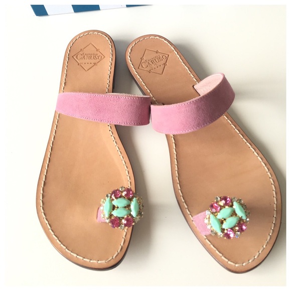 Emanuela Caruso Pink Suede Jeweled Slides - Picture 2 of 8