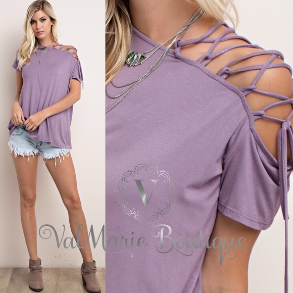 RESTOCKED!!! LACE UP COLD SHOULDER SLEEVE TOP - Picture 2 of 4