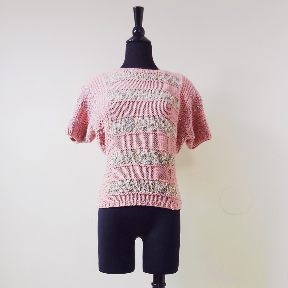 VINTAGE hand knit 80s 90s striped pink dolman slv