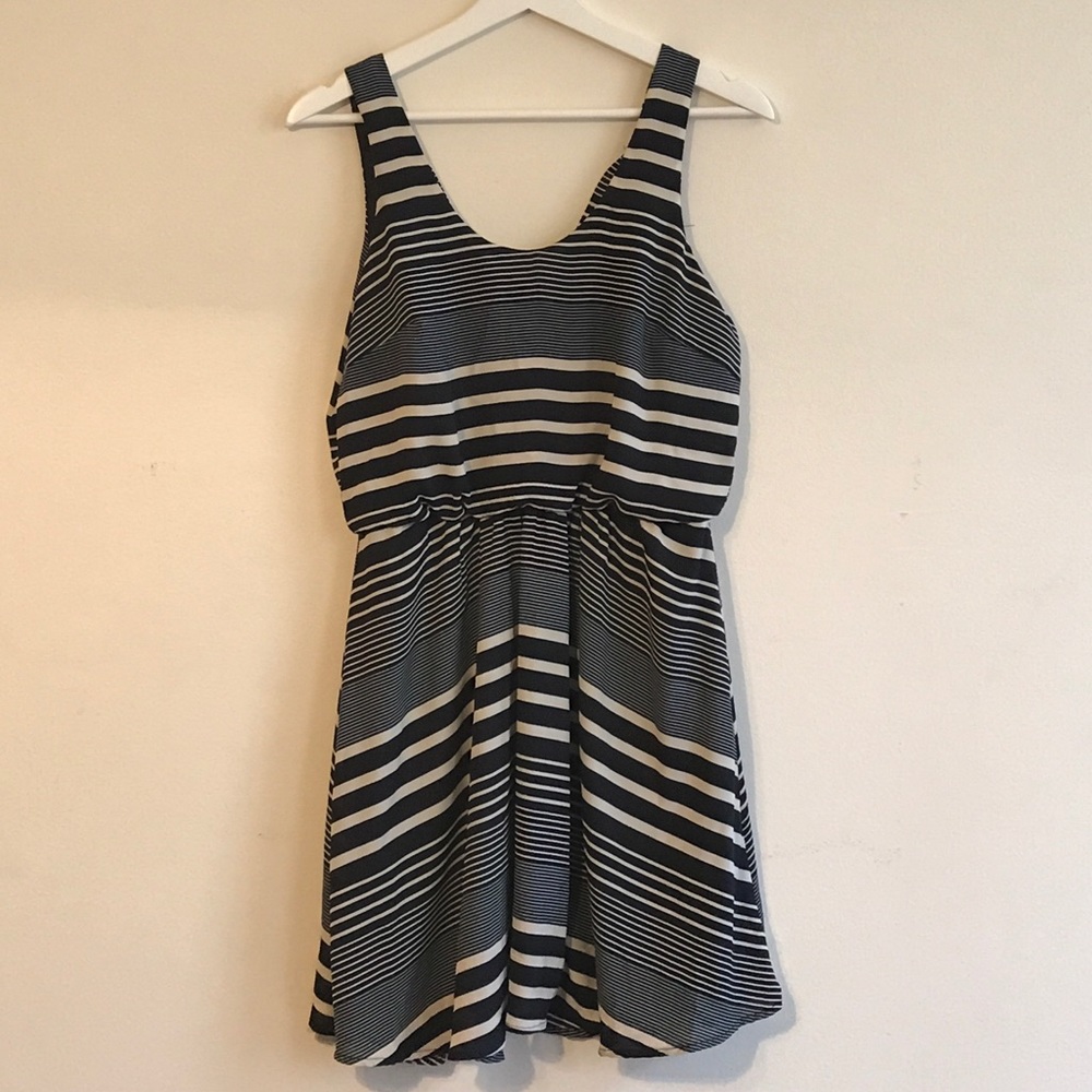 Navy and white striped sleeveless mini dress