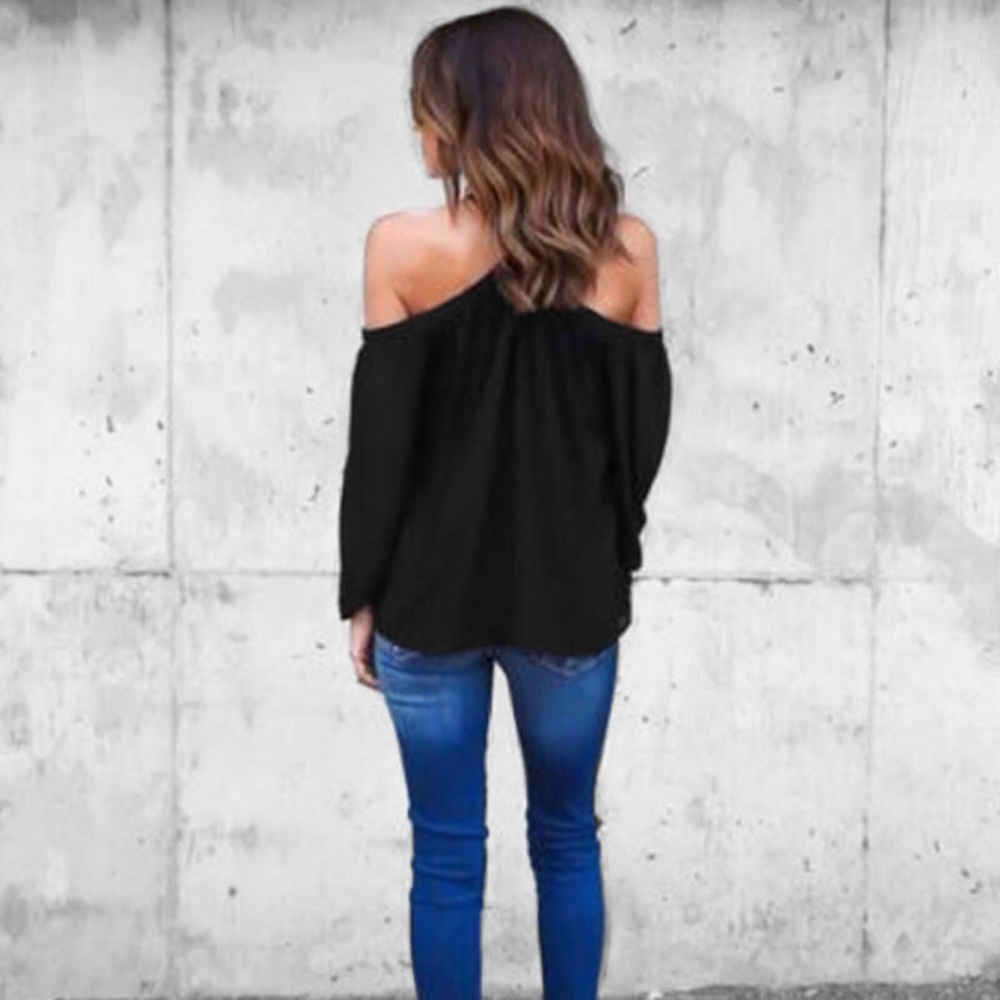 Off Shoulder Halter Long Sleeve Chiffon Blouse - Picture 2 of 3