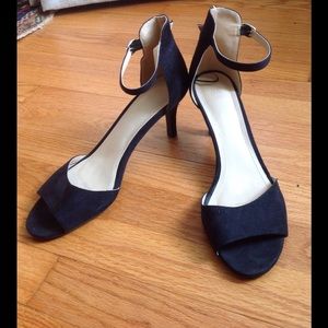 Black faux suede ankle strap heels 