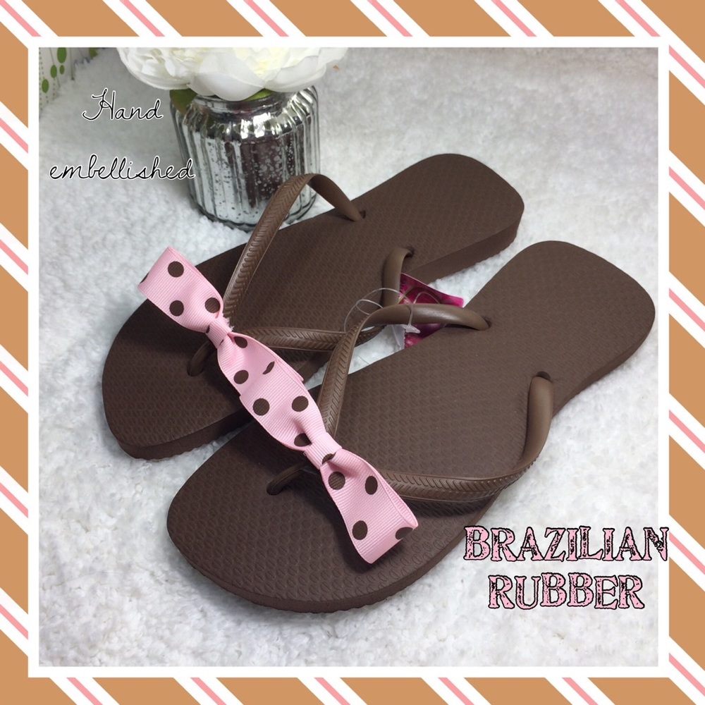 Brown Brazilian bow embellished flip flops