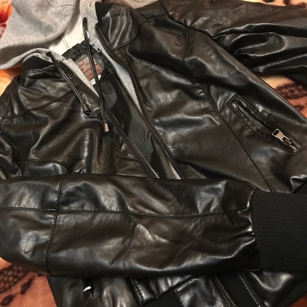 Black leather jacket w/ hoodie