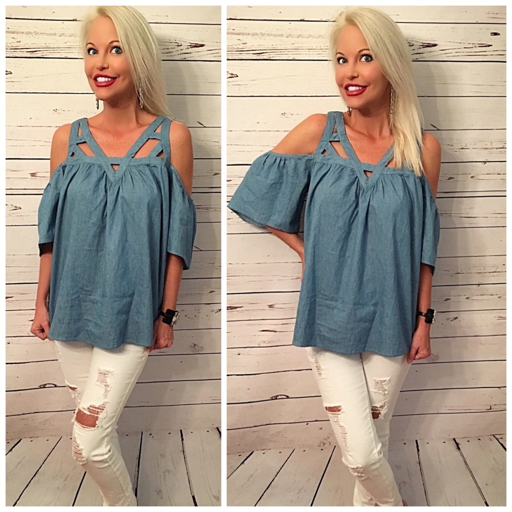 Strappy open shoulder denim top! - Picture 1 of 5