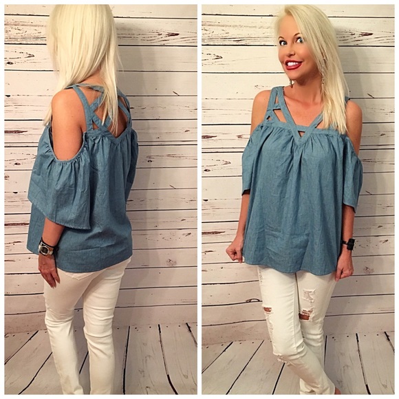 Strappy open shoulder denim top! - Picture 4 of 5
