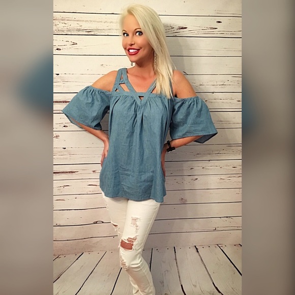 Strappy open shoulder denim top! - Picture 3 of 5