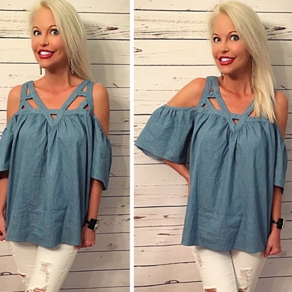 Strappy open shoulder denim top! - Picture 2 of 5