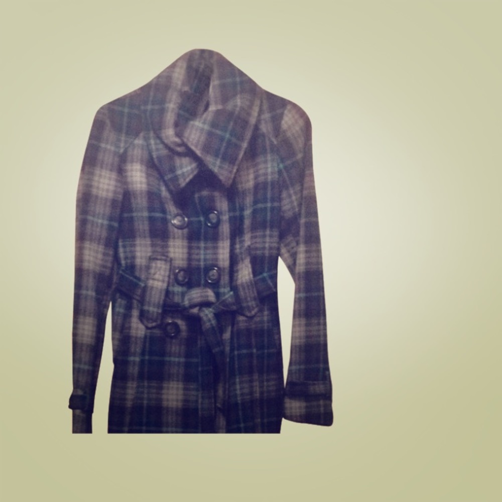 Blue and gray plaid wool belted jacket