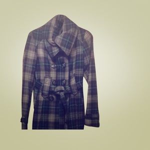 Blue and gray plaid wool belted jacket
