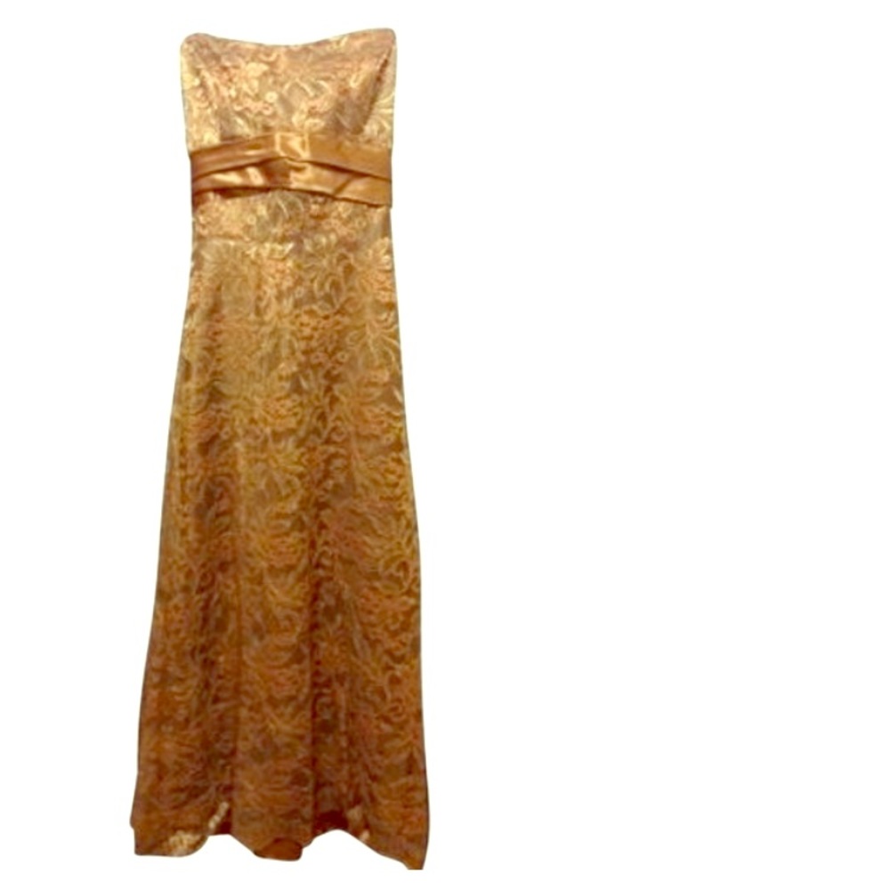 Strapless gold metallic lace dress with sash