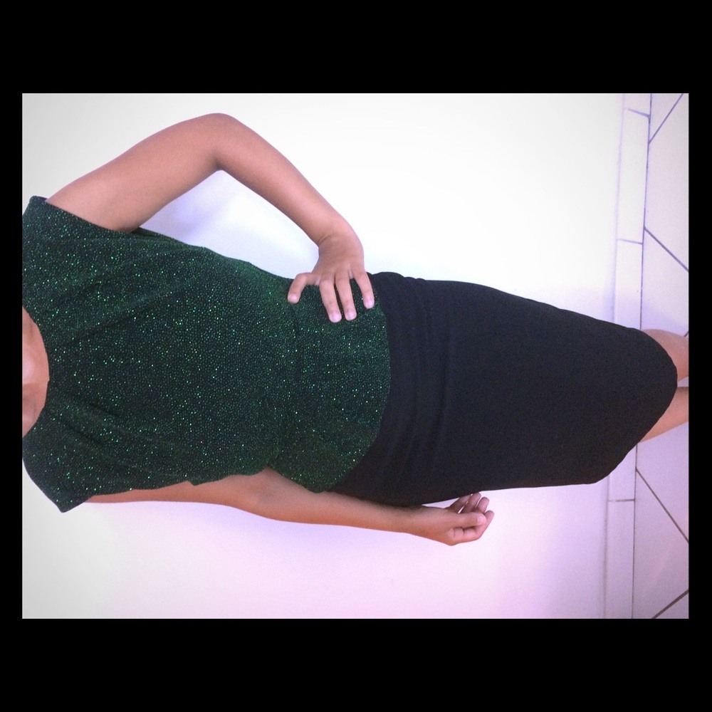 Black midi dress with dark green shimmery top