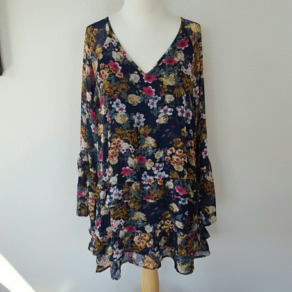 NEW Floral Navy Ruffle Blouse