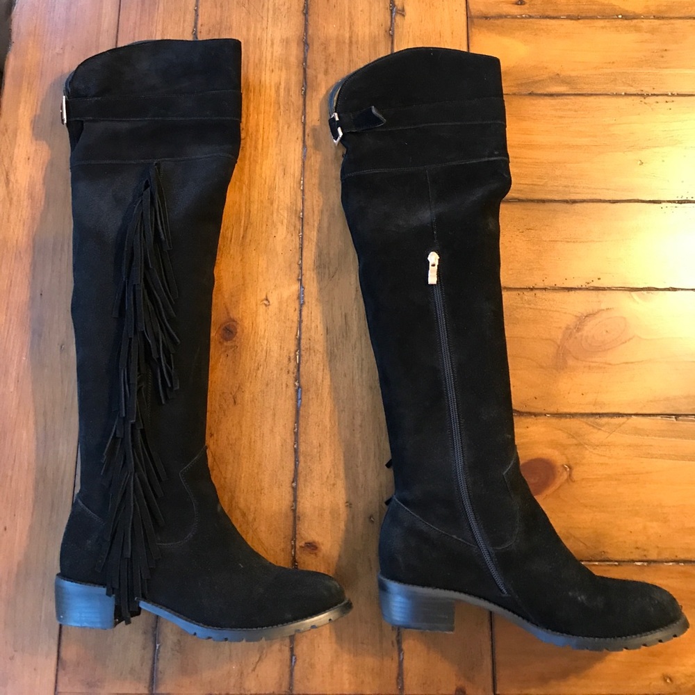 Black suede fringe over the knee boots