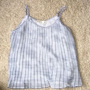 Blue and white striped ruffled tank top.