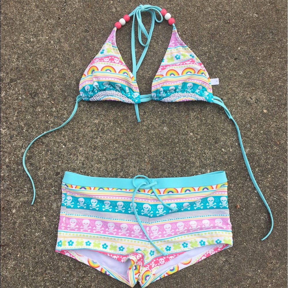 Skull & rainbow printed bathing suit.