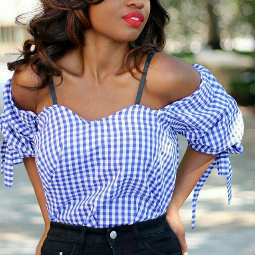 Gingham Cold Shoulder Top
