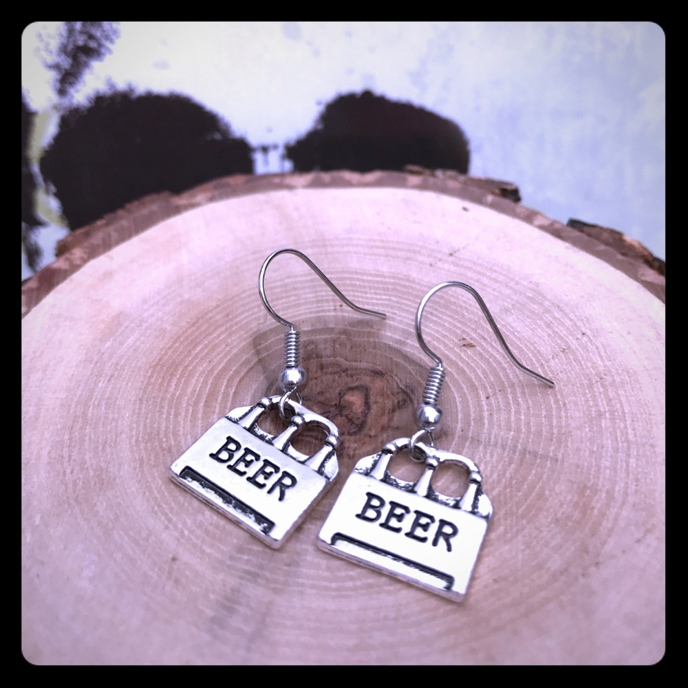 Silver 'BEER' Dangle Earrings