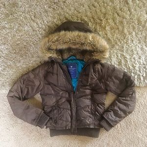 American Eagle brown faux fur puffer bomber jacket