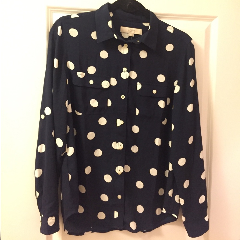 LOFT Navy and white polka dot blouse