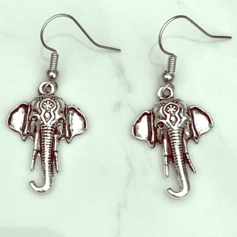BOHO Indian Silver Elephant Dangle Earrings