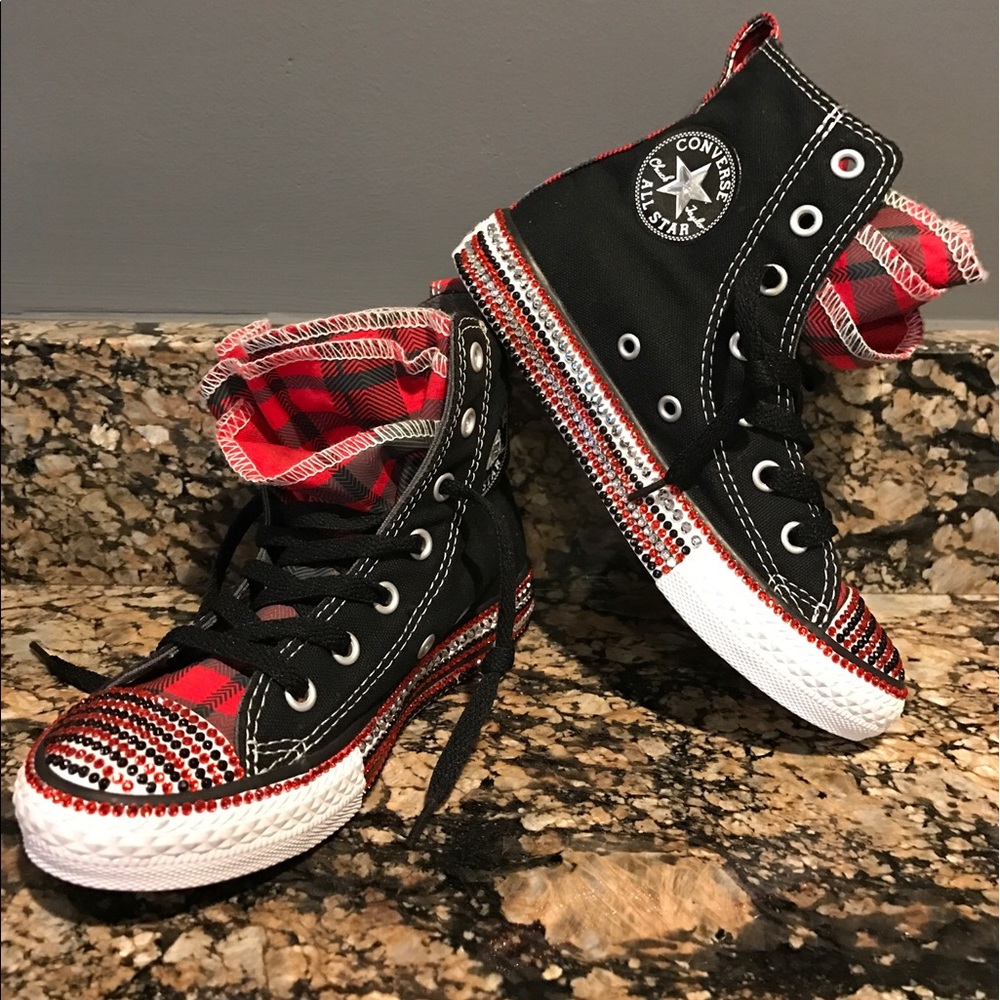 NIB Custom Black Red Converse All Star Bling 12.5