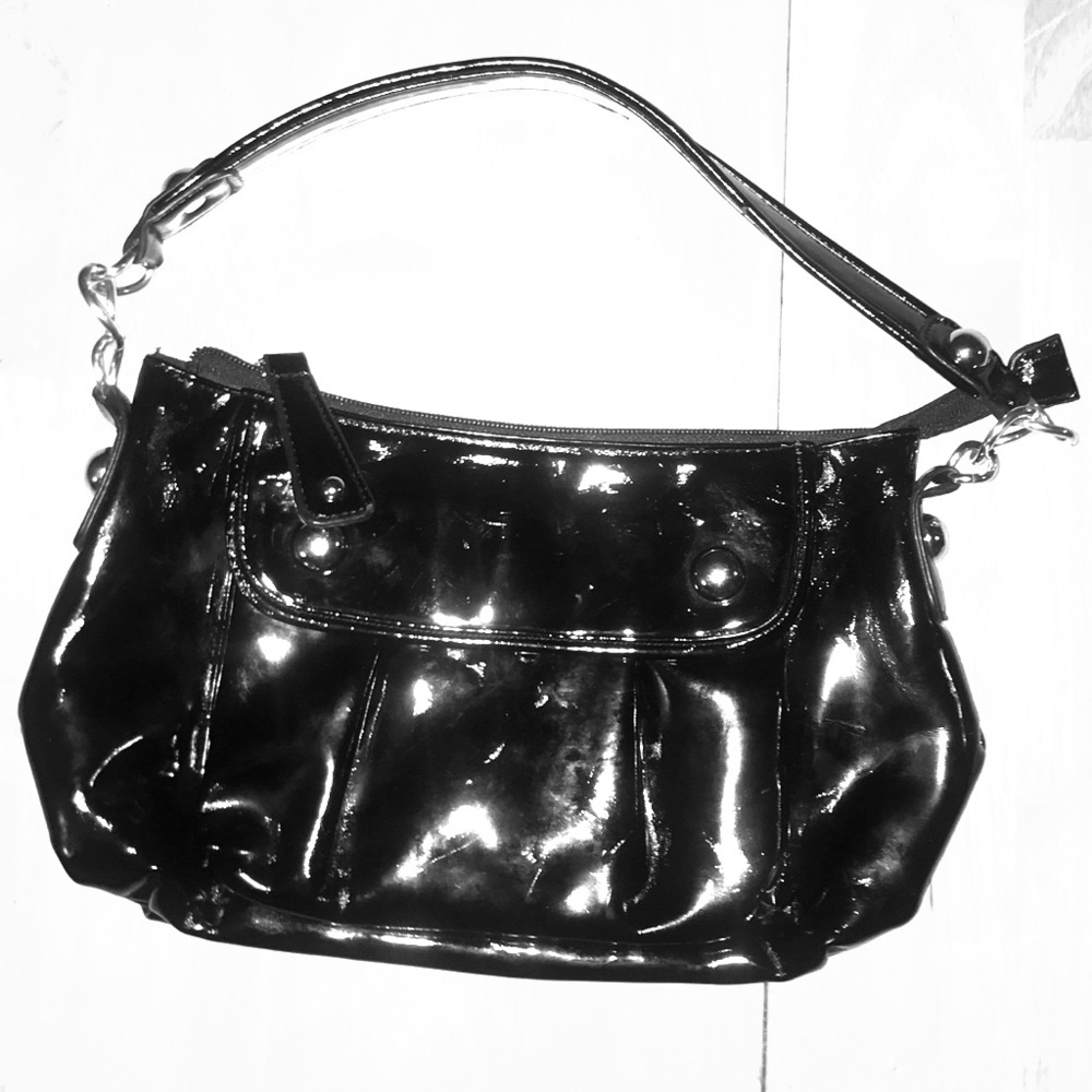 Shiny black baguette style shoulder bag