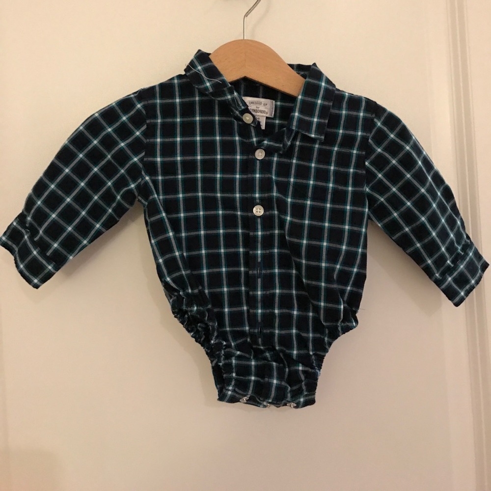 Green/Navy Blue/Gray/White Plaid Button Down.
