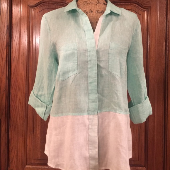 Saks Fifth Avenue Tops - Saks Fifth Avenue Green &White Linen Shirt