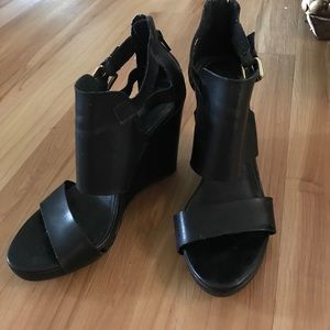 Black faux leather wedge heeled sandals