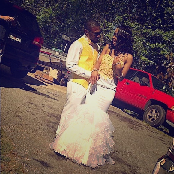 gold & white mermaid prom spaghetti strap dress - Picture 1 of 4