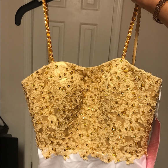 gold & white mermaid prom spaghetti strap dress - Picture 3 of 4