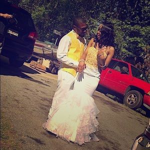 gold & white mermaid prom spaghetti strap dress