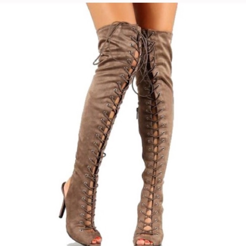 Brown thigh high lace up heels size 10