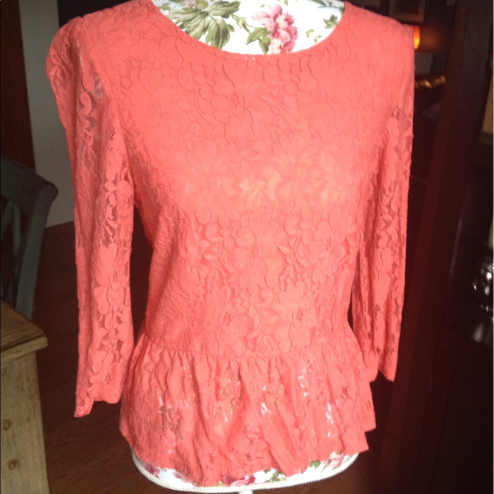 Coral lace peplum blouse 🍑