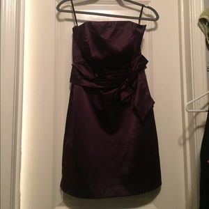 Eggplant satin strapless bridesmaids dress