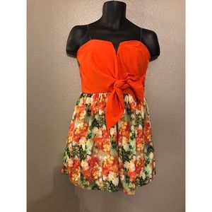 Orange strapless Floral Dress