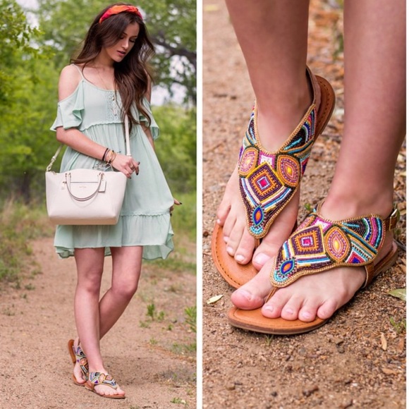 Multicolor Hand Beaded Boho Leather Sandals - Picture 2 of 7