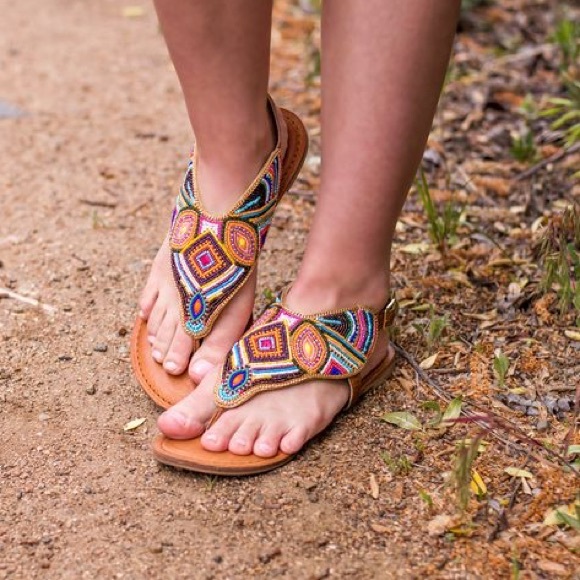 Urban Outfitters Shoes - Multicolor Hand Beaded Boho Leather Sandals